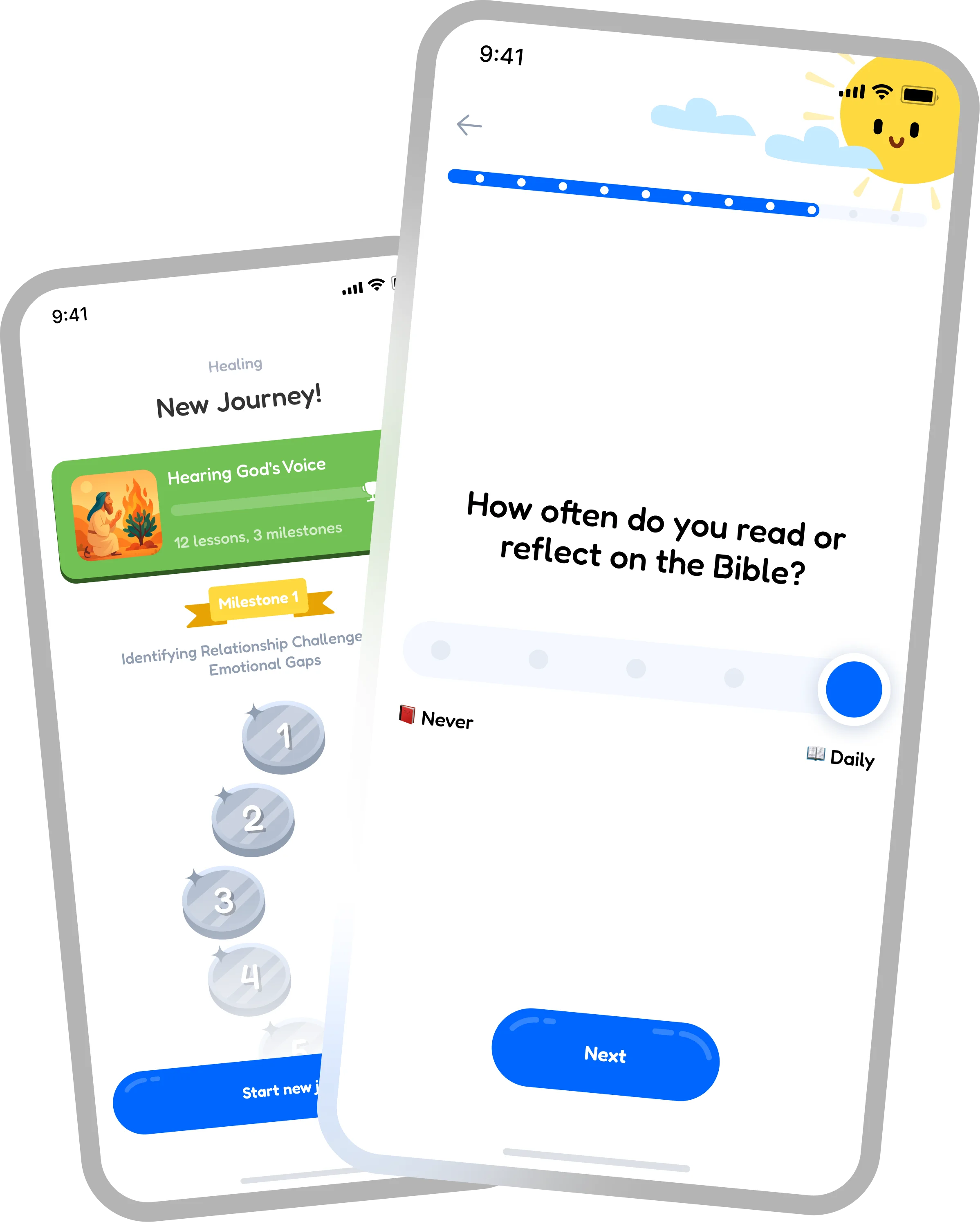Onboarding start screen and lesson path list screen